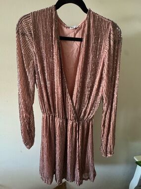 STUNNING Karina Grimaldi Rosy- Taupe Beaded Long-Sleeve Wrap Dress